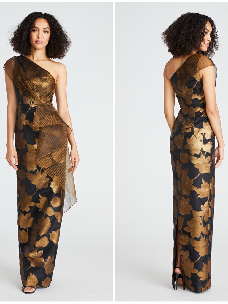 Theia One-Shoulder Black And Gold Floral Evening Gown